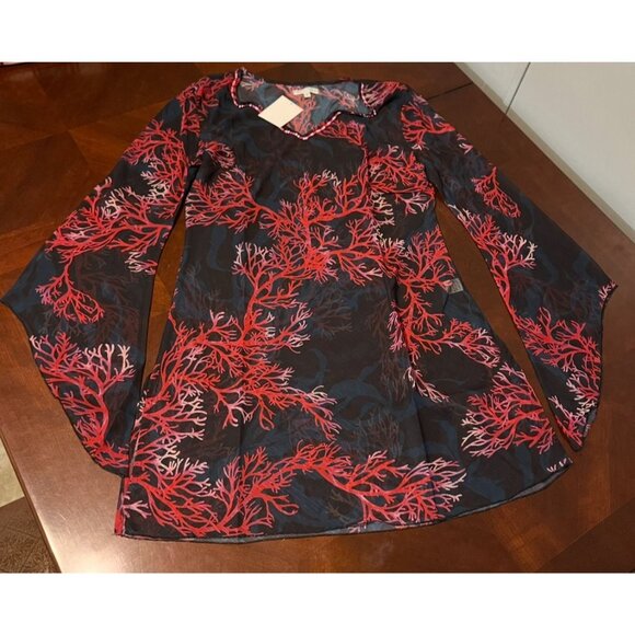 MODAPOSA Coral Print Beaded V-Neck Sheer Tunic  Beach Cover-Up flared sleeves - Picture 9 of 9